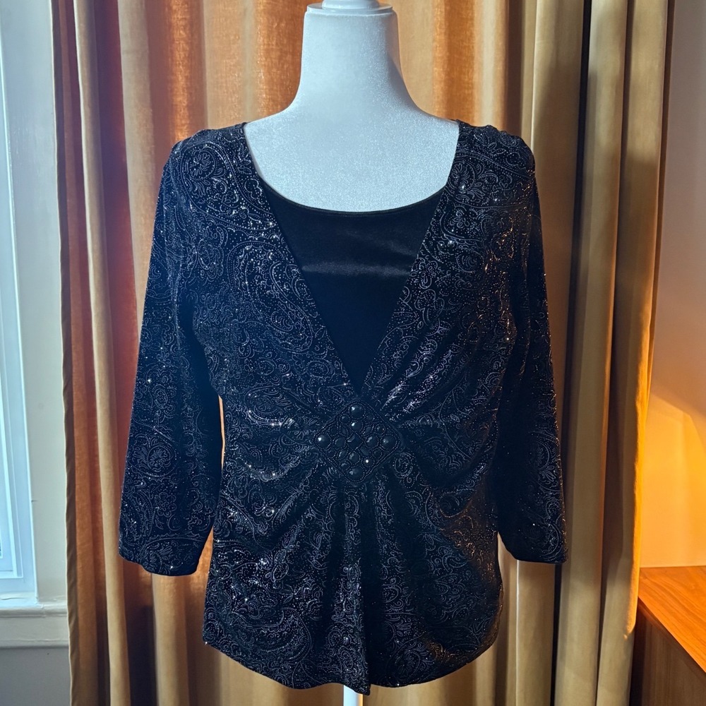 Vtg 00s/Y2K Notations Womens Black Silver Glitter Paisley Beaded Velvet Blouse